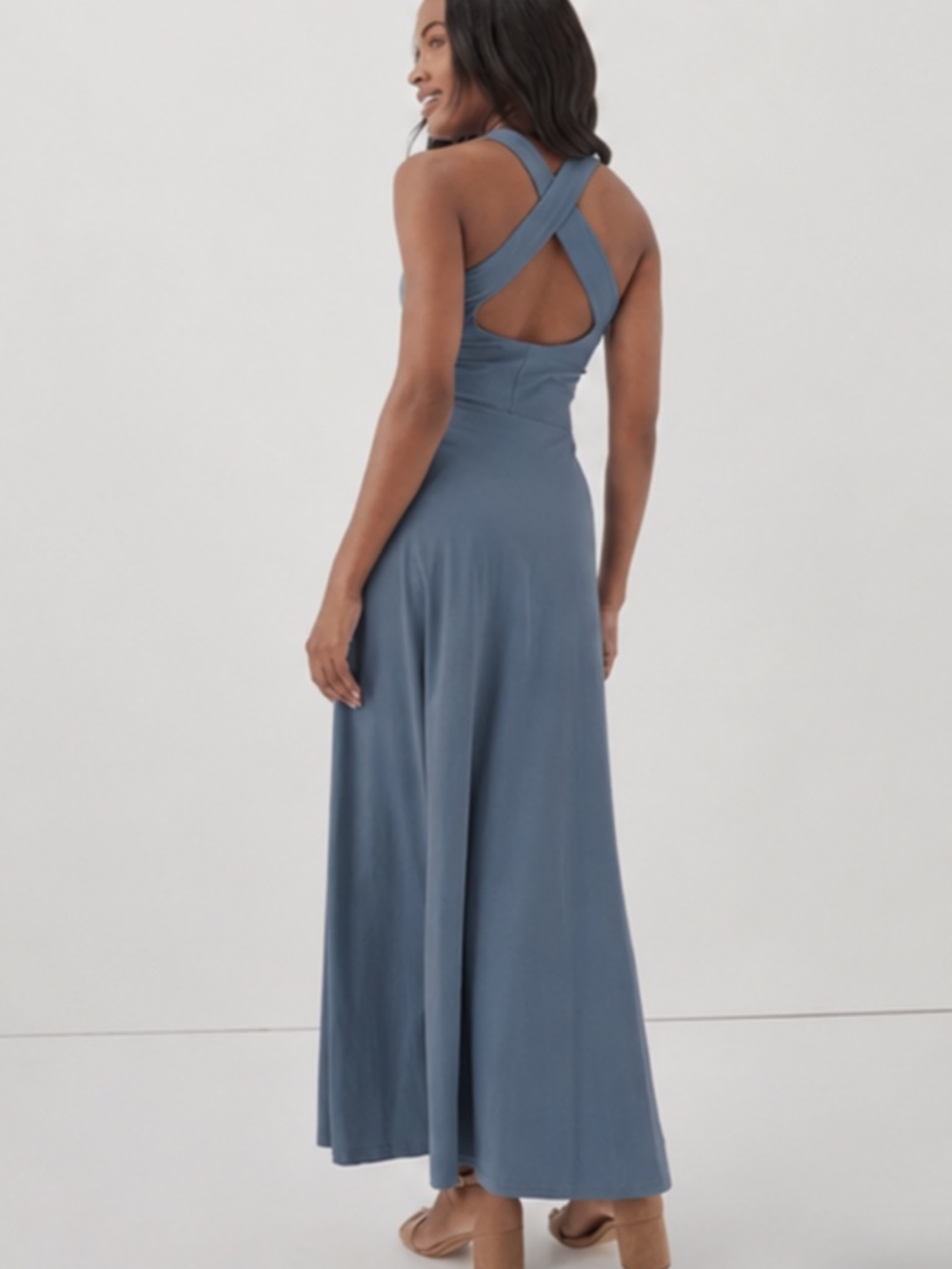 PACT Fit & Flare Open Back Maxi Dress Slate Blue Women’s Size Medium - Picture 3 of 13